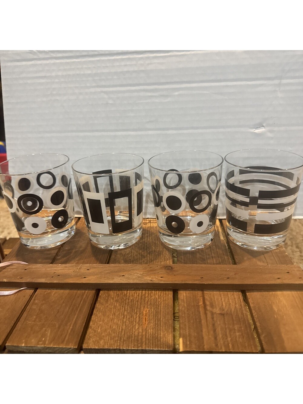 Retired Vtg Lot Set 4 Ikea Godis Black White Geometric MCM Lowball Drink Glasses